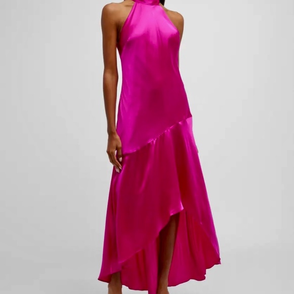 Frame Denim Dresses & Skirts - NWT Frame Magenta Silk High Low Asymmetrical Sleeveless Halter Dress 💕Fabulous